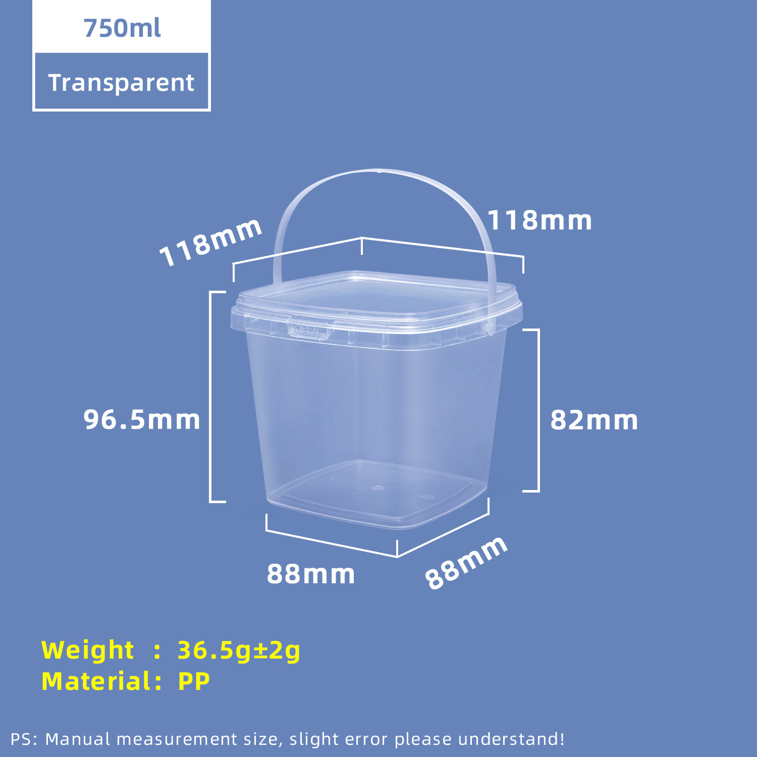 Seau de stockage en plastique PP carré de qualité alimentaire de 750 ml