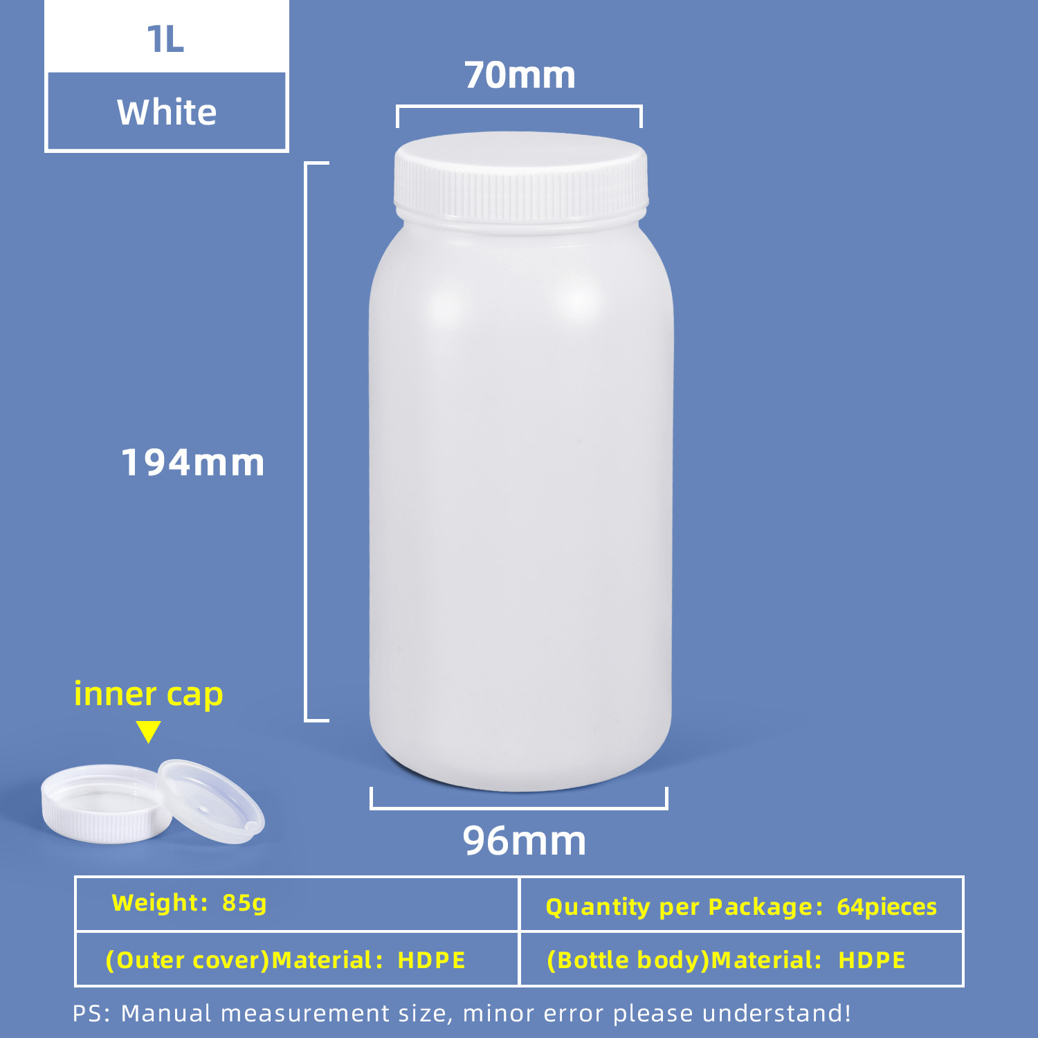 Bouteille en plastique à large ouverture en HDPE de 1 L, avec bouchon intérieur, étanche, pour utilisation en laboratoire chimique
