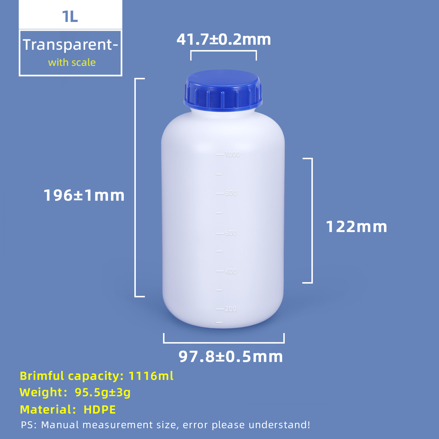 Bouteille en plastique HDPE à large goulot de 1 L avec ligne d'échelle et bouchon intérieur